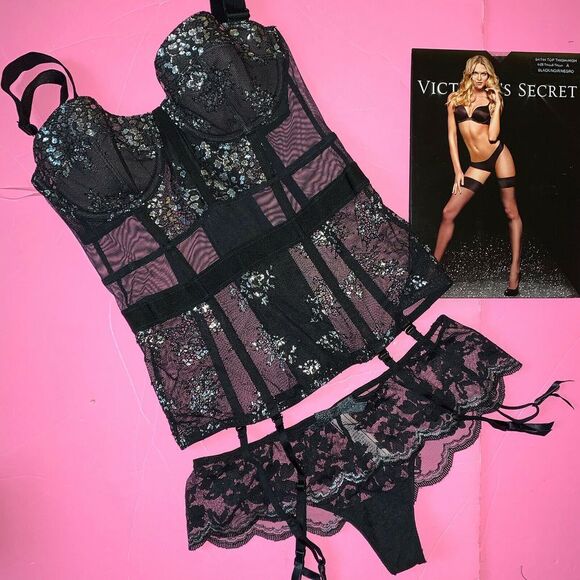 Victoria's Secret 32B GARTER corset+TEDDY one-piece+XS thong BLACK silver foil - Picture 7 of 8